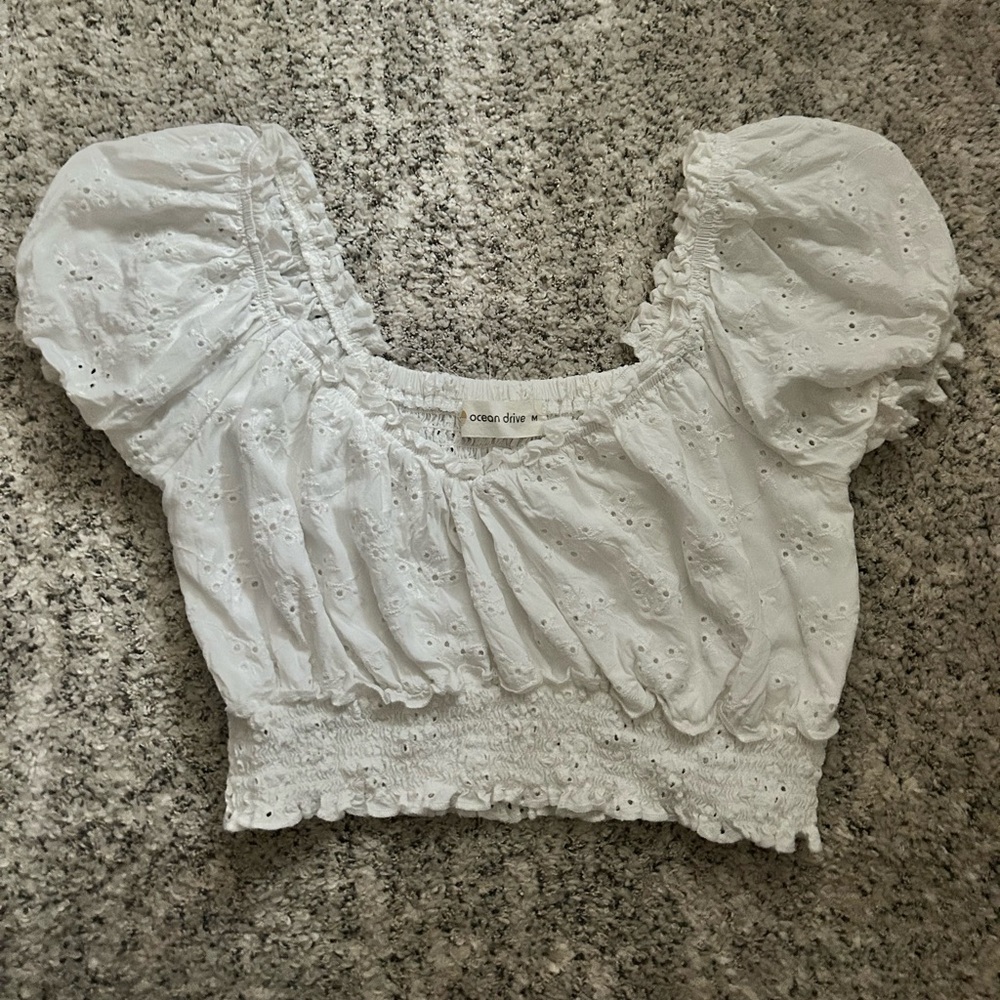 Ocean Drive White Eyelet Crop Top Blouse